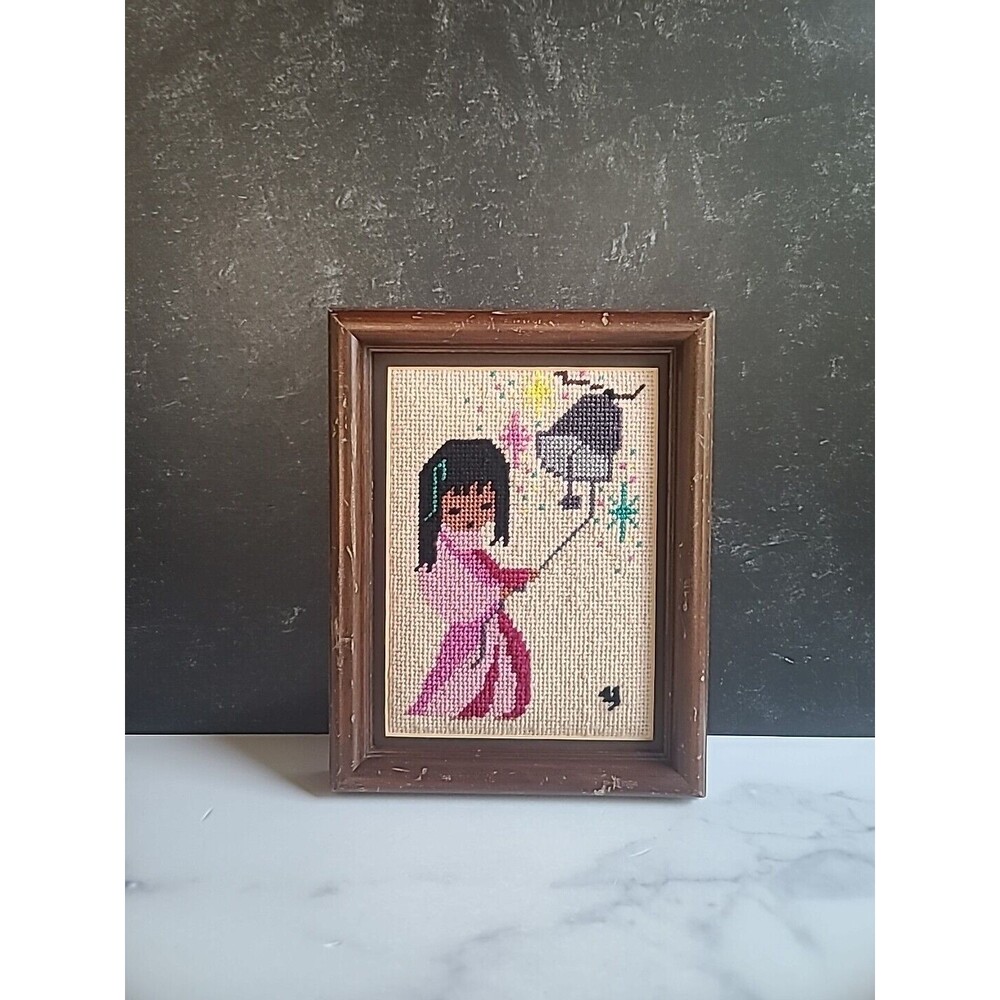 Degrazia Finished Needlepoint Wood Framed Girl Ringing Bell Southwestern Art